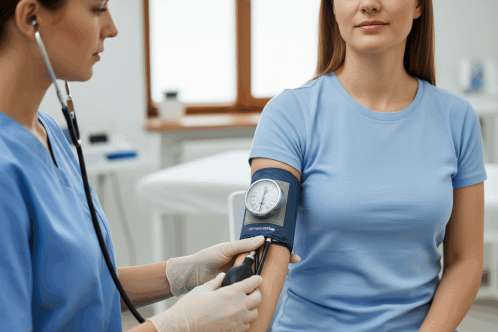 Woman getting blood pressure taken