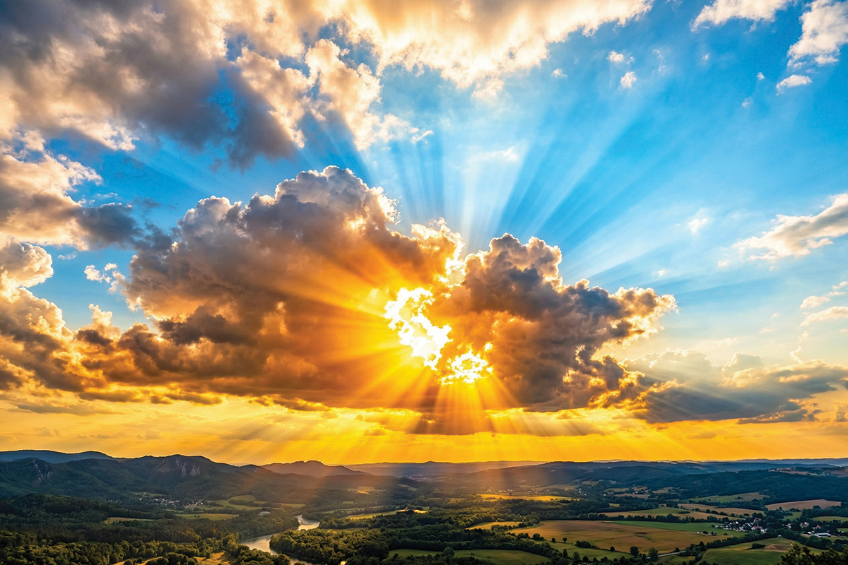 Sunrays beaming through clouds sunny day Sunrays beaming through clouds sunny day