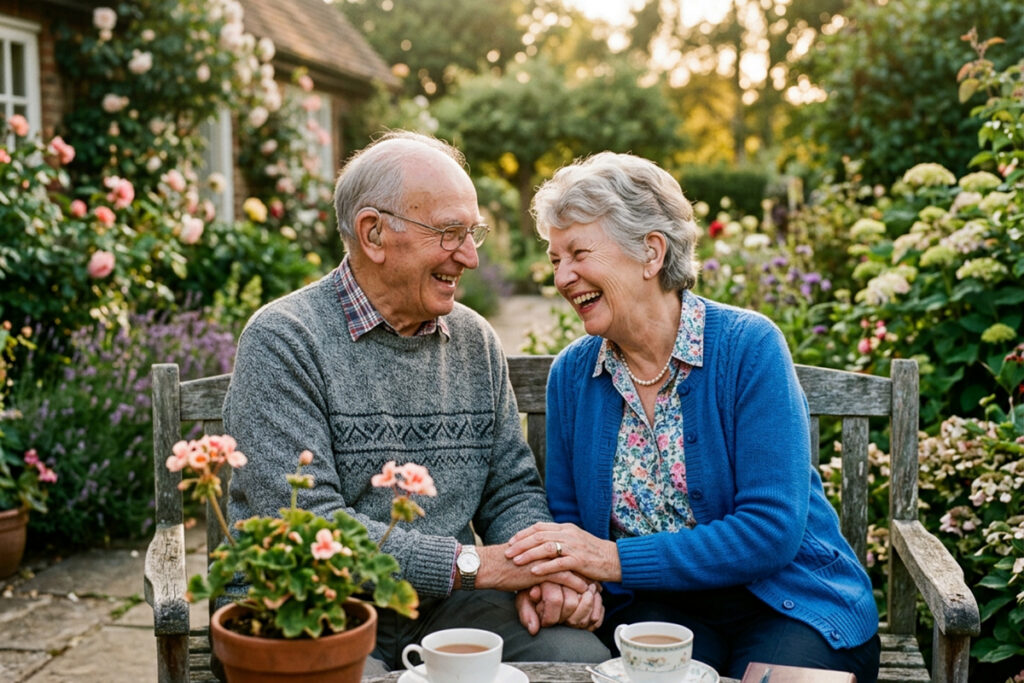 Elderly couple having coffee