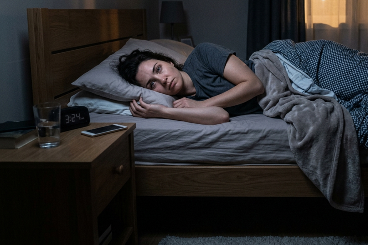 WOMAN laying in bed awake in the dark because she can't sleep 701000