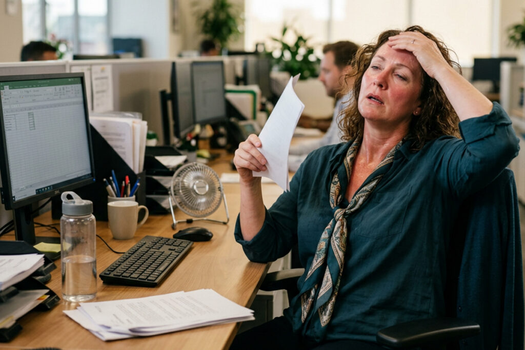 WOMAN having hot flashes sitting at her work desk