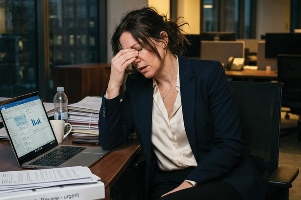 Executive Woman sitting at desk tired Executive Woman sitting at desk tired