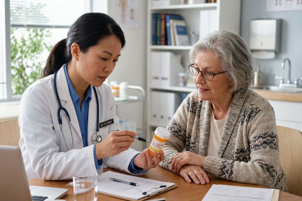 Doctor and patient looking at prescription bottle