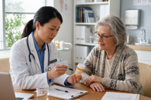 Doctor and patient looking at prescription bottle