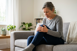 Woman sitting on sofa holding knee